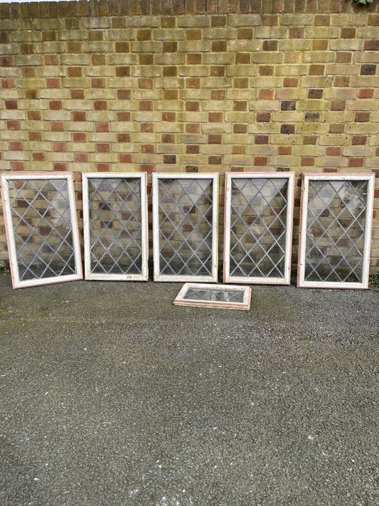 Job Lot Of 6 Reclaimed Leaded Light Diamond Panel Wooden Windows