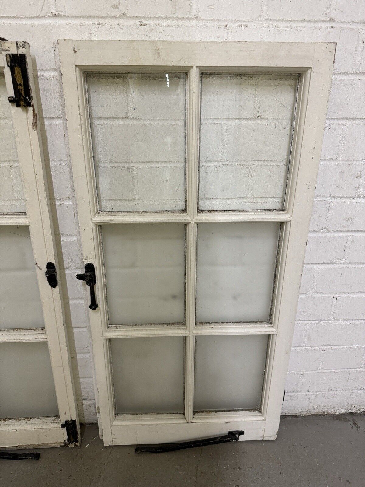 Pair Of Reclaimed Inter locking French Georgian 6 Panel Wooden Panel Windows