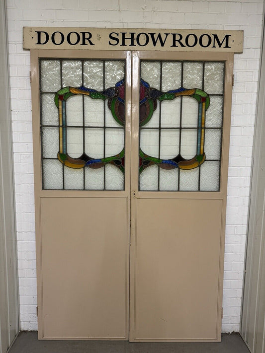 Reclaimed French Victorian Stained Glass Double Doors 2183 Or 2190mm x 1432mm