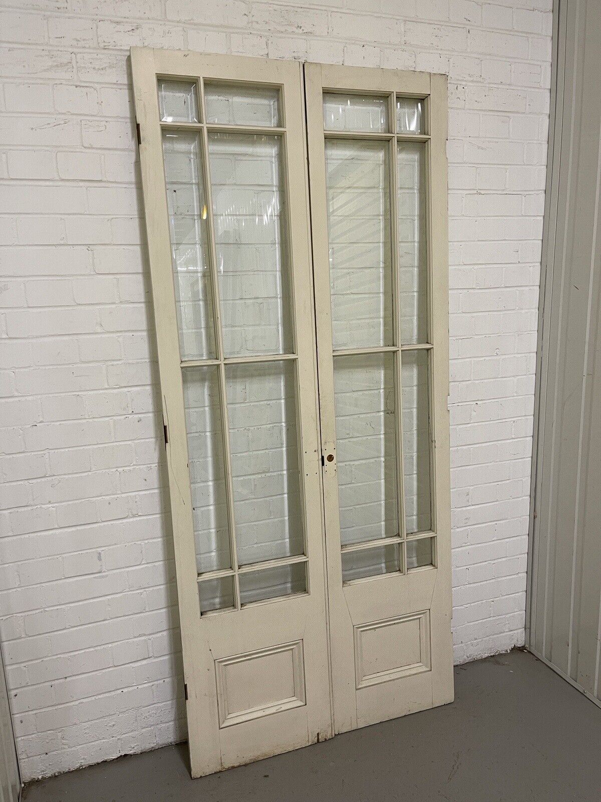Reclaimed French Single Panel Bevelled Glass Wooden Double Doors 2005 x 900mm