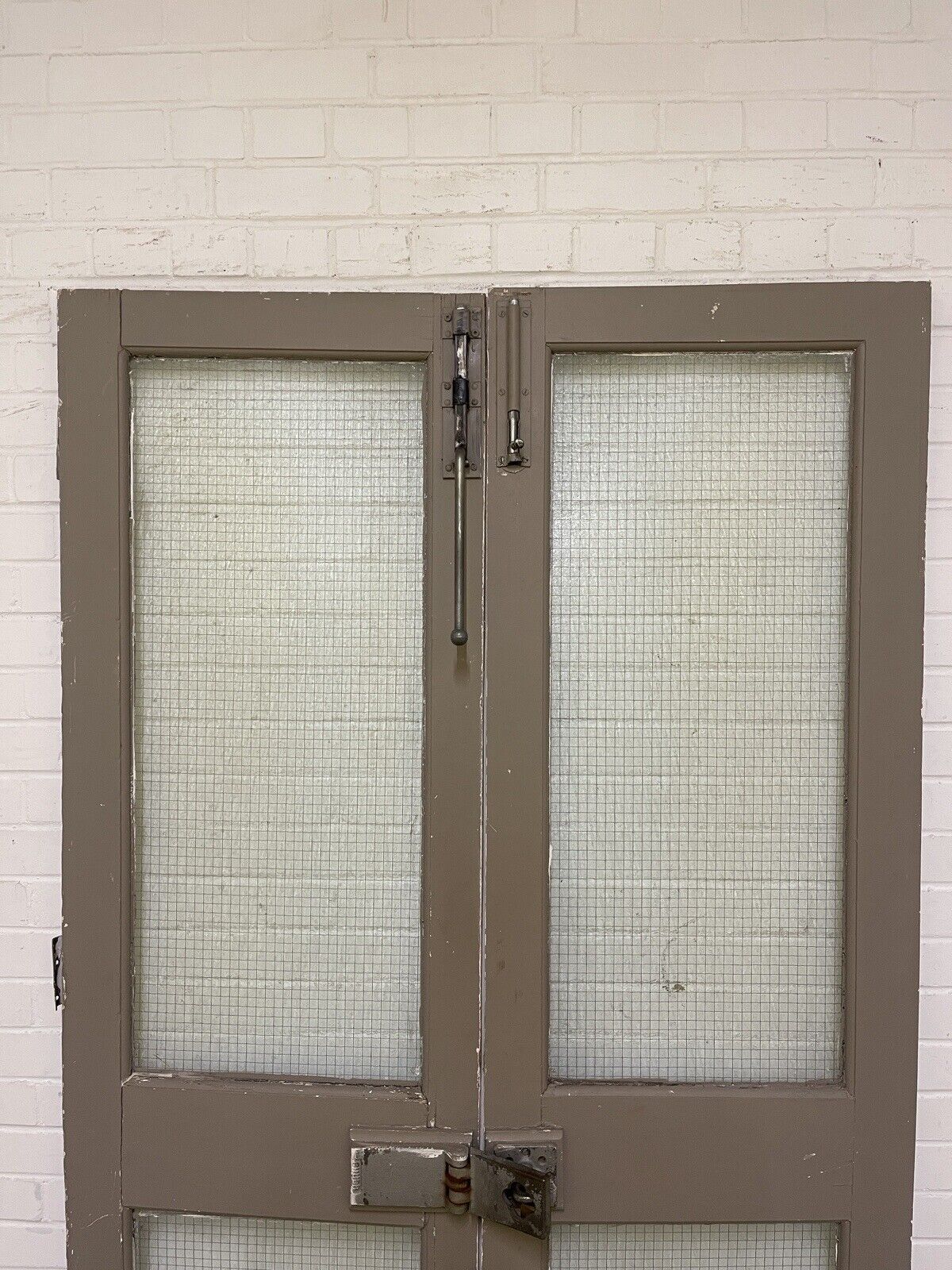 Reclaimed Industrial French Safety Glass Wooden Double Doors 1970 x 1165