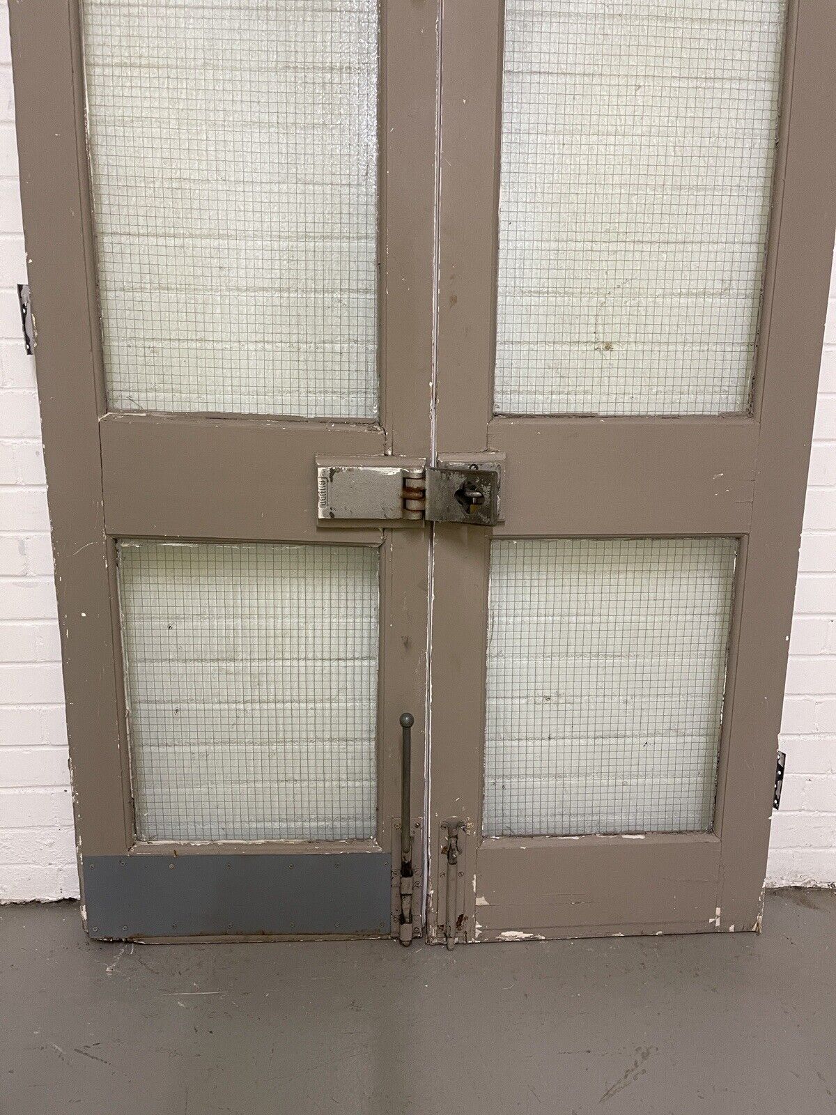 Reclaimed Industrial French Safety Glass Wooden Double Doors 1970 x 1165