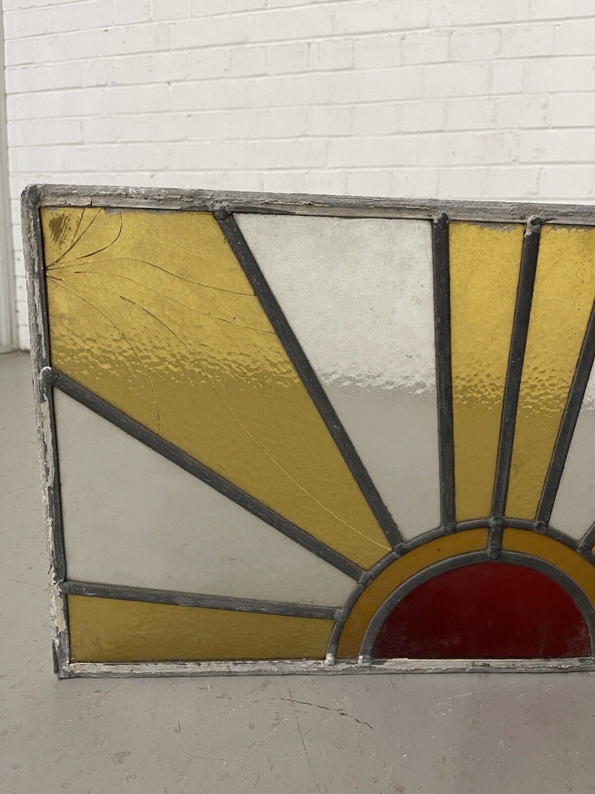 Reclaimed Sunburst Leaded Light Stained Glass Window Panel 630mm x 335mm