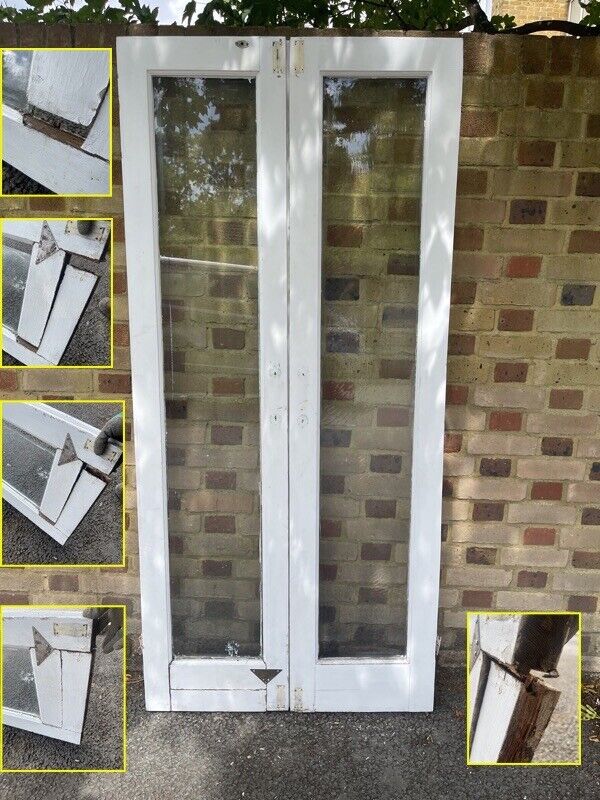 Reclaimed Old French Single Panel Glass Wooden Double Doors 1970 x 910mm