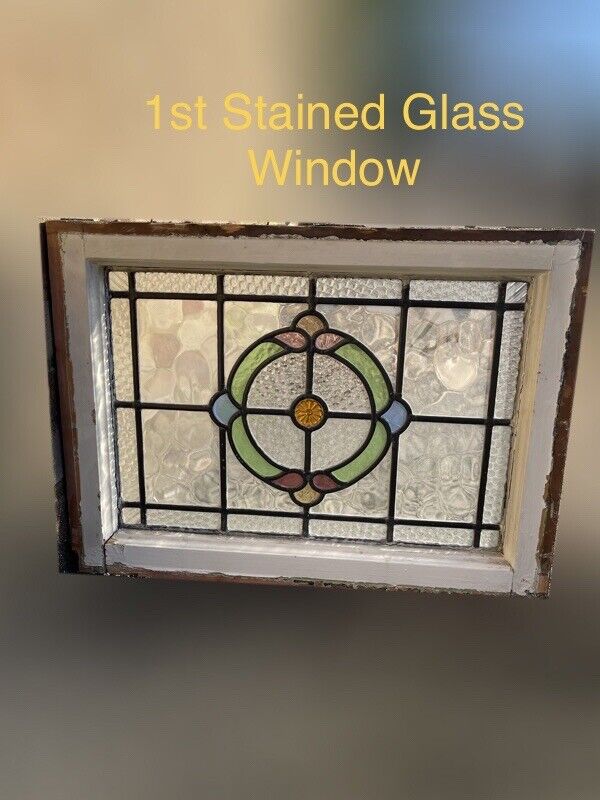 Pair Of Reclaimed Leaded Light Stained Glass Art Nouveau Wooden Window Panels