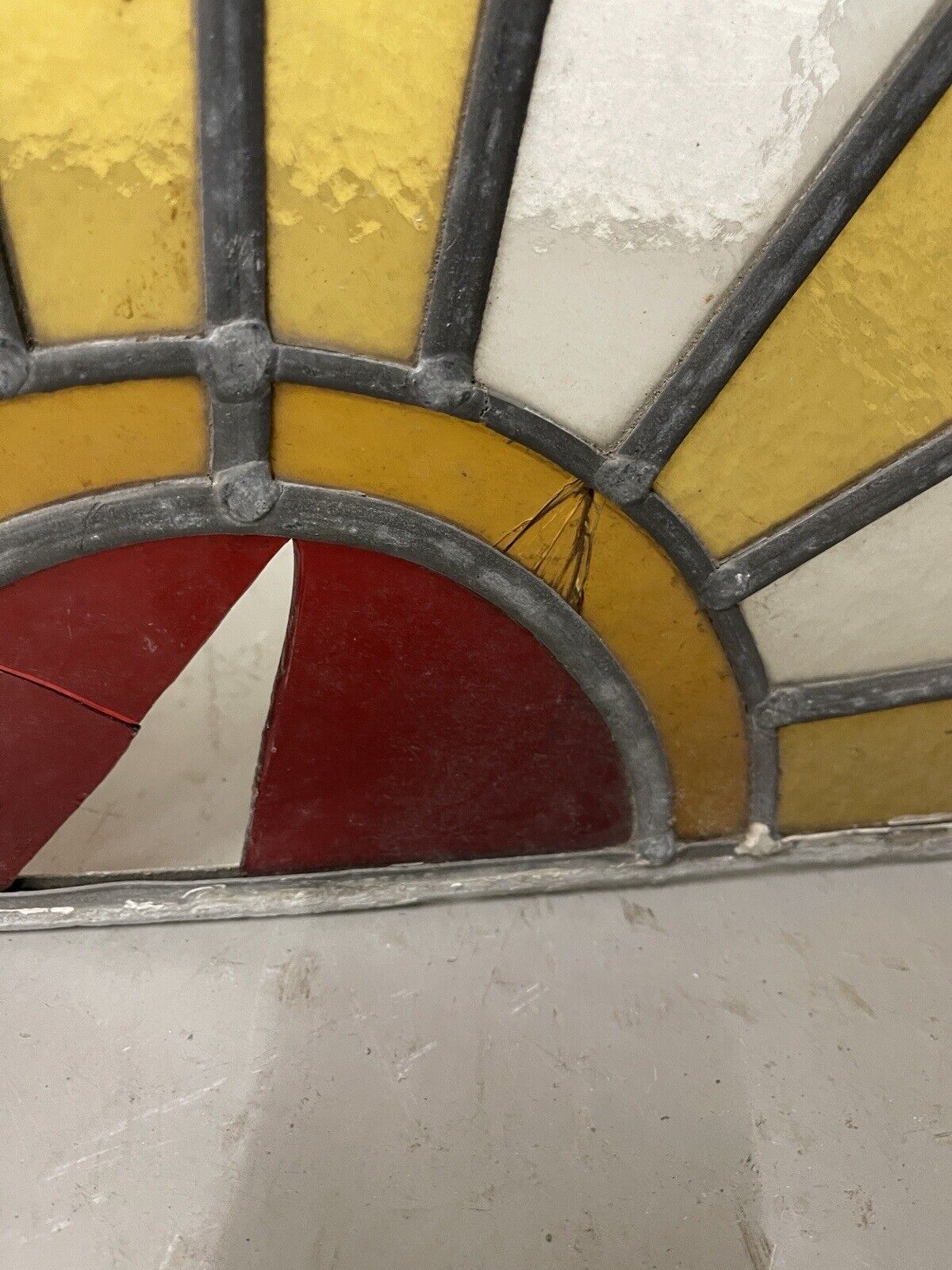 Reclaimed Sunburst Leaded Light Stained Glass Window Panel 630mm x 335mm
