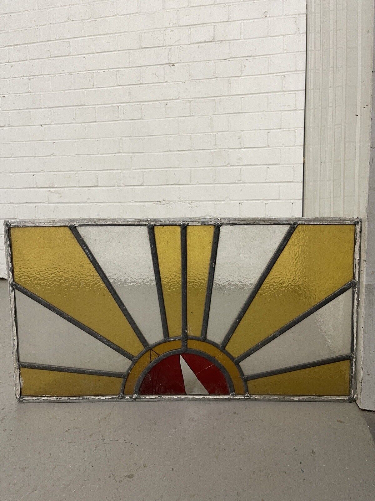 Reclaimed Sunburst Leaded Light Stained Glass Window Panel 630mm x 335mm