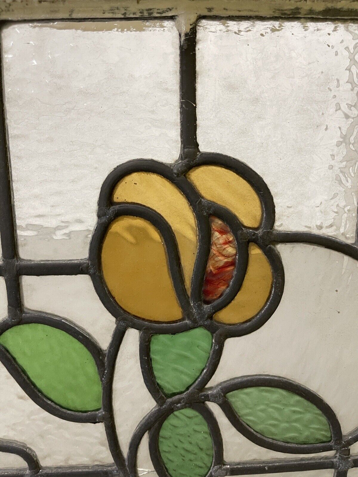 Reclaimed Floral Leaded Light Stained Glass Art Nouveau Window Panel 625 x 450mm