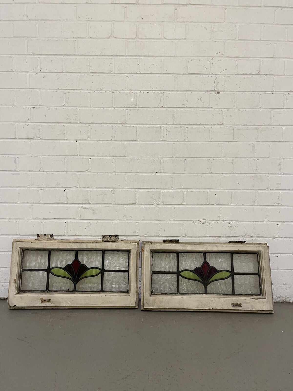 Pair Of Reclaimed Leaded Light Stained Glass Art Nouveau Window Panels