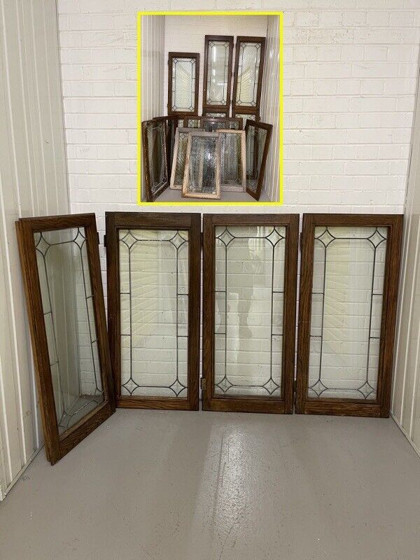 Job Lot Of Four Double Glazed Leaded Trim Oak Wooden Windows 1110 x 515mm