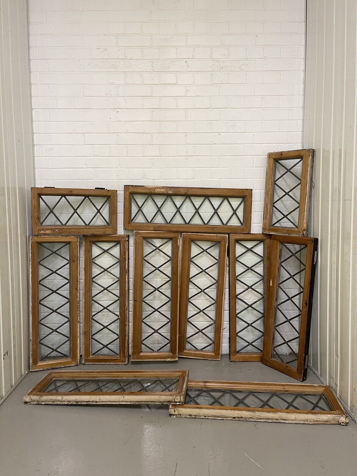 Job Lot Of 11 Reclaimed Leaded Light Diamond Panel Wooden Windows