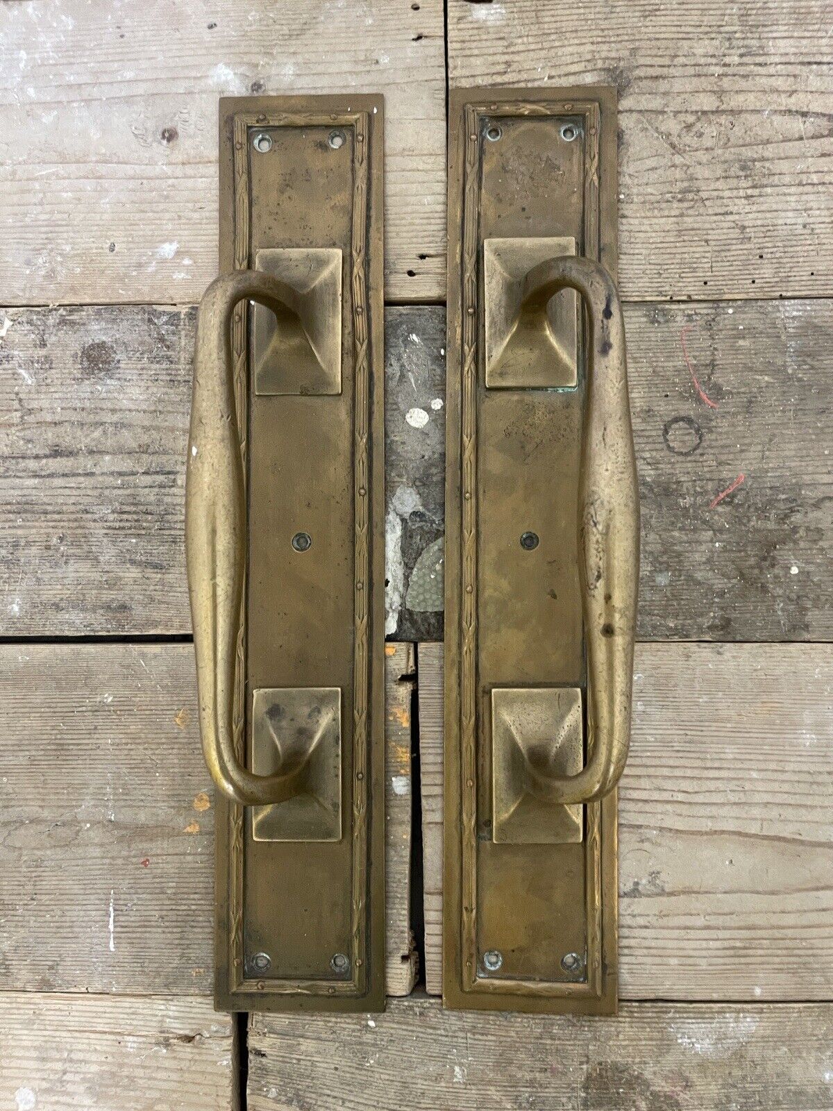 Pair Of Large Reclaimed Antique Brass Door Handles 15 inches or 380mm