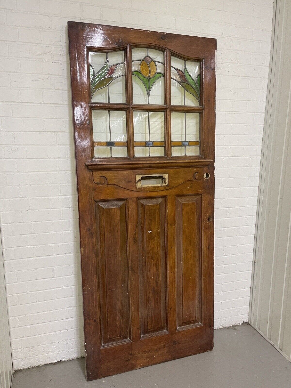 Reclaimed Old Edwardian Wooden Panel Front Door Stained Glass 2123mm x 910mm