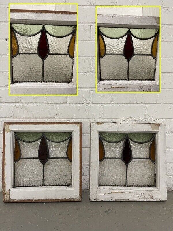 Pair Of Reclaimed Leaded Light Stained Glass Window Panels 375 x 378mm 370 x 370