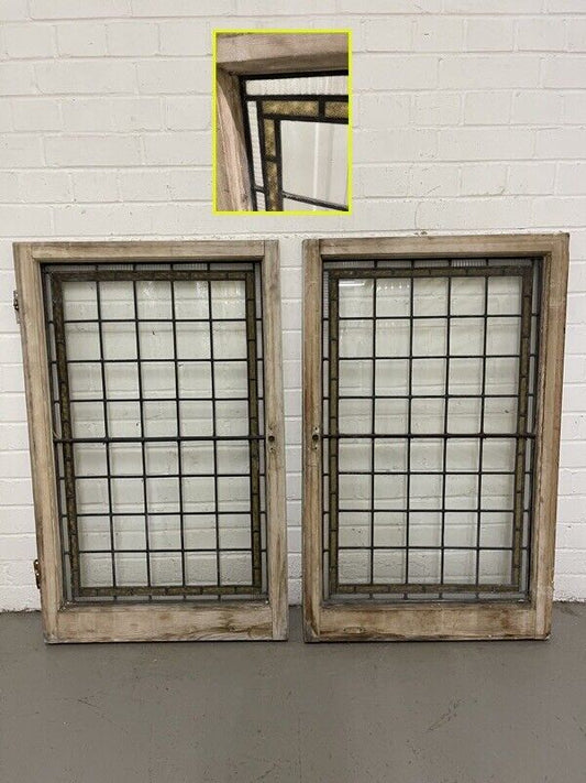 Pair Of Reclaimed Leaded Light Stained Glass Wooden Window Panels
