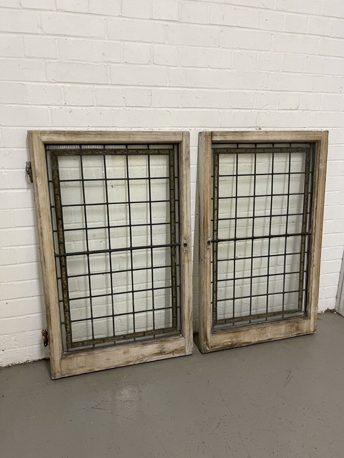 Pair Of Reclaimed Leaded Light Stained Glass Wooden Window Panels
