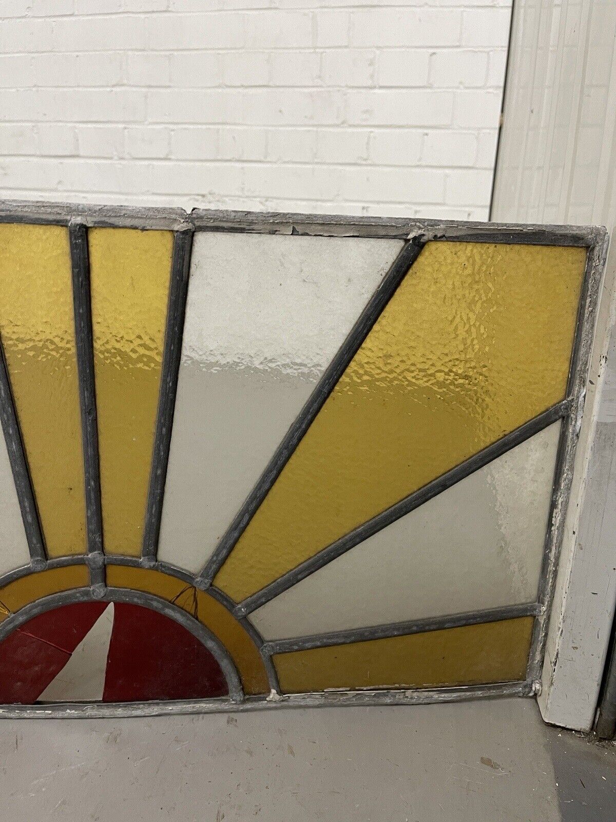 Reclaimed Sunburst Leaded Light Stained Glass Window Panel 630mm x 335mm