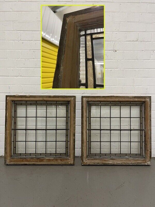 Pair Of Reclaimed Leaded Light Stained Glass Wooden Window Panels