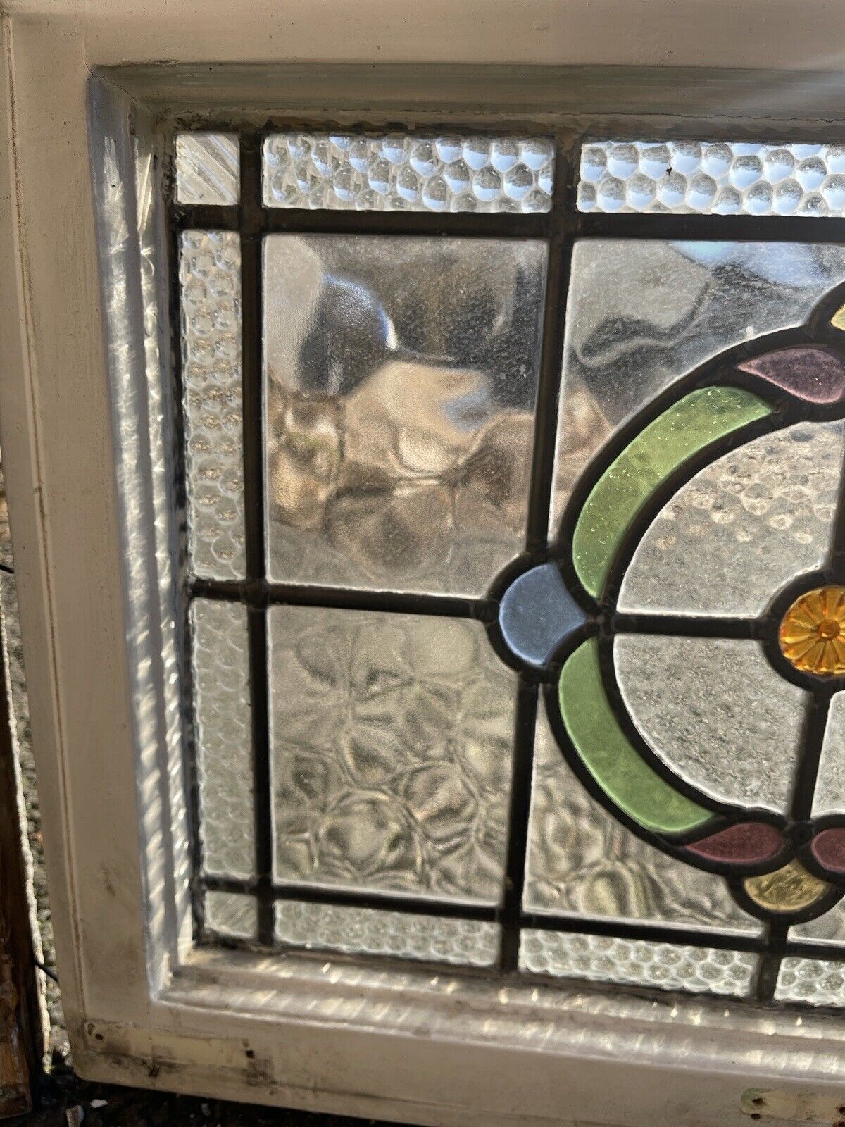 Pair Of Reclaimed Leaded Light Stained Glass Art Nouveau Wooden Window Panels