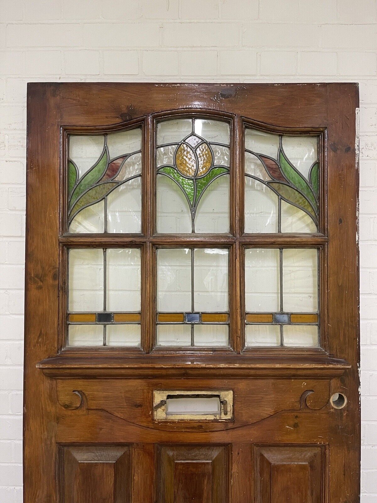 Reclaimed Old Edwardian Wooden Panel Front Door Stained Glass 2123mm x 910mm