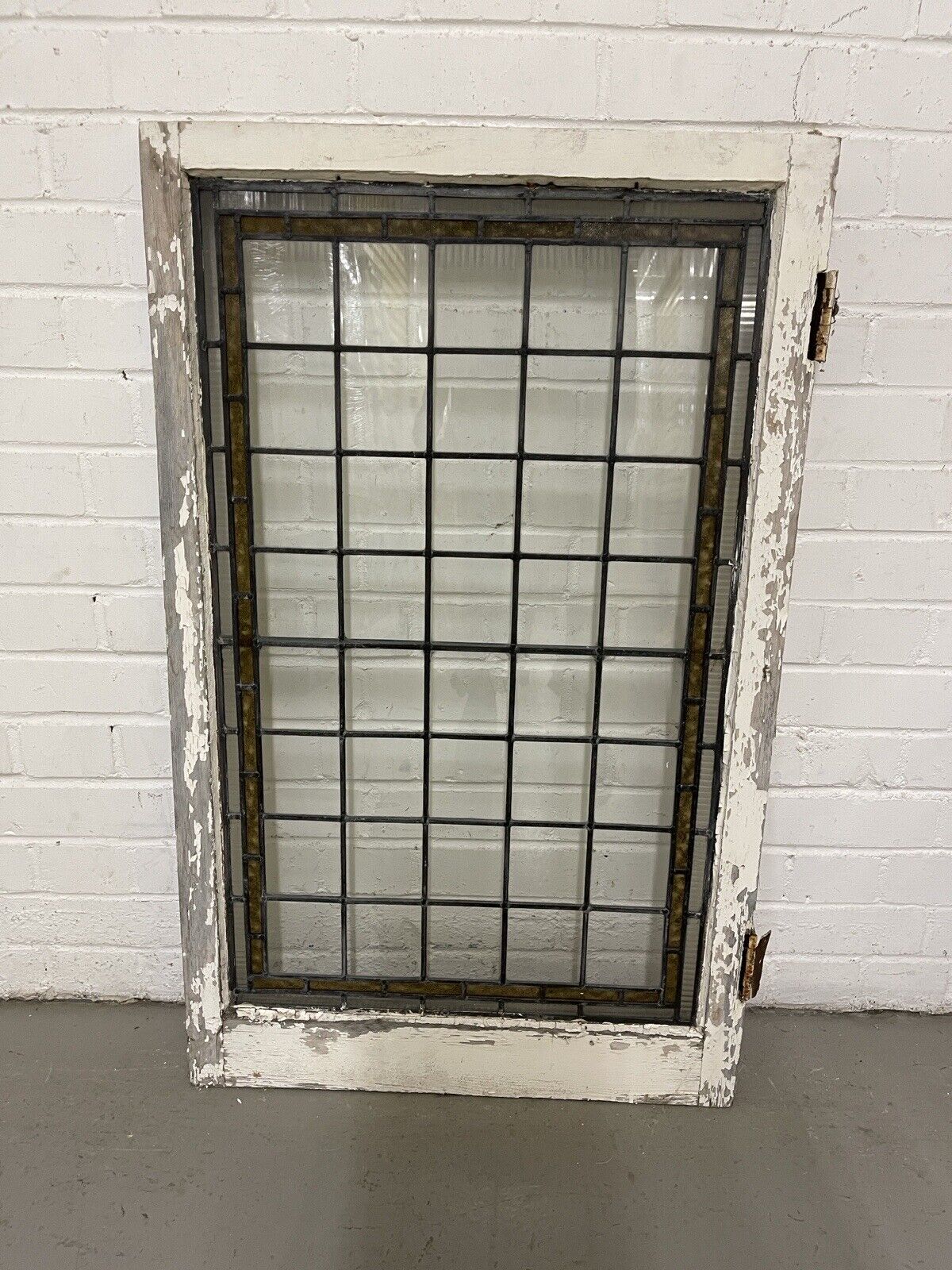 Pair Of Reclaimed Leaded Light Stained Glass Wooden Window Panels
