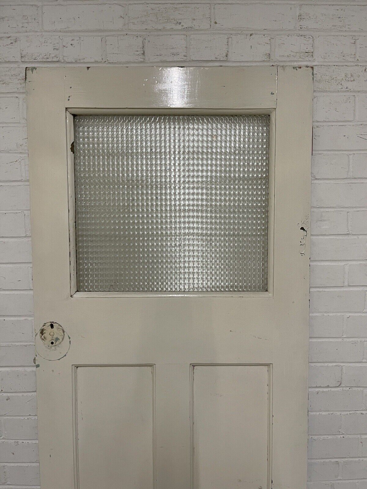 Reclaimed 1930s Pine Internal 3 panel Door Cross Reeded Glass 1980 x 755mm