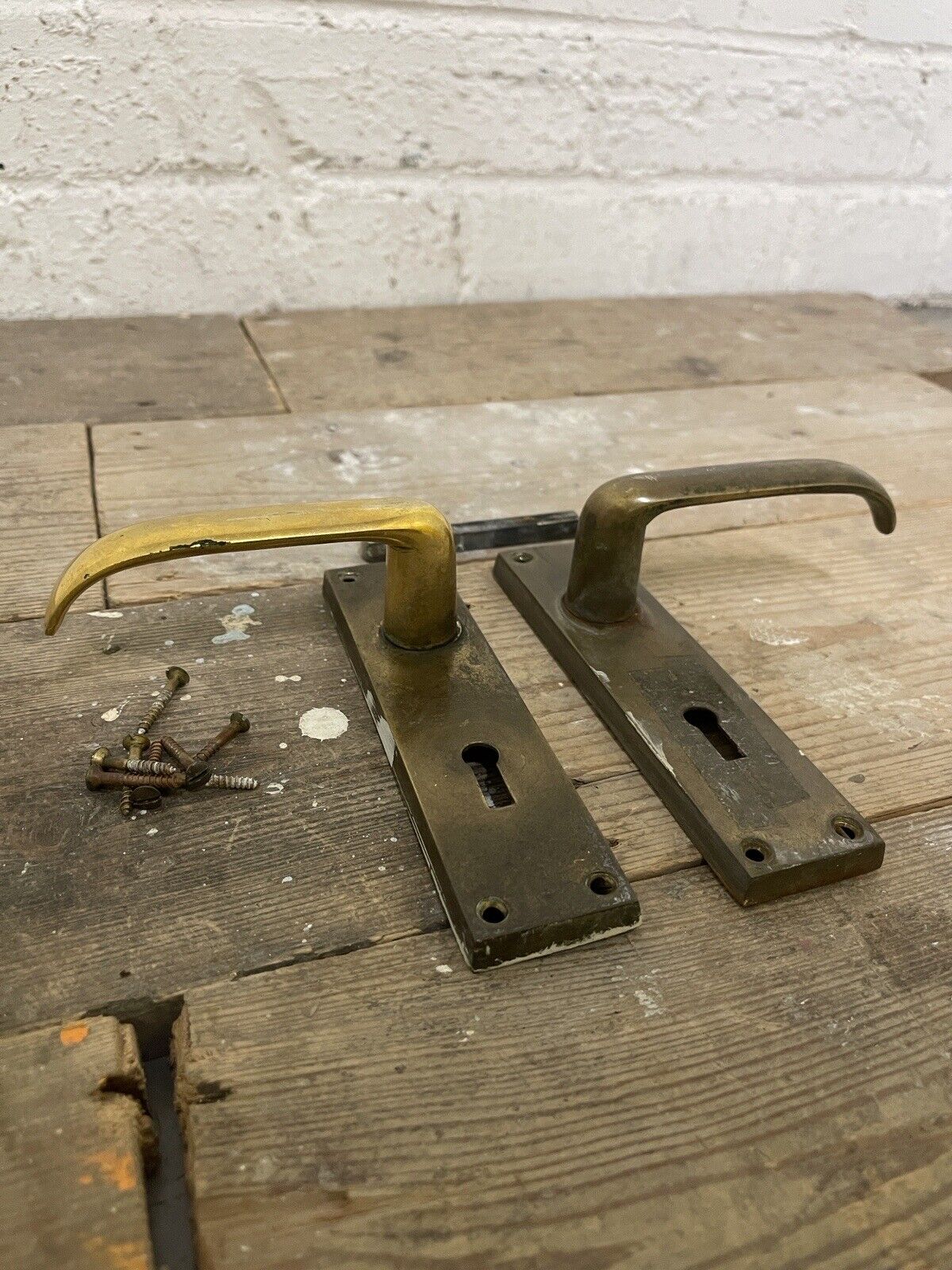 Pair Of Reclaimed Antique Old Brass Door Handles