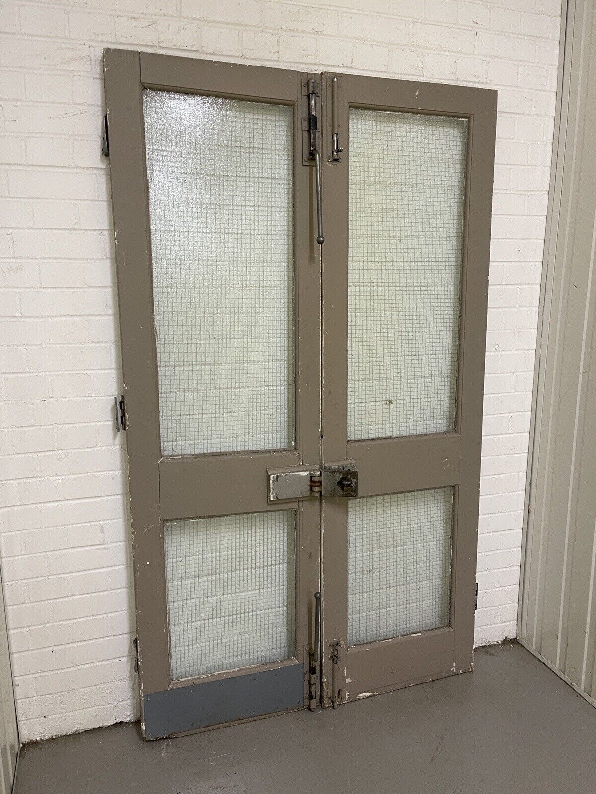 Reclaimed Industrial French Safety Glass Wooden Double Doors 1970 x 1165