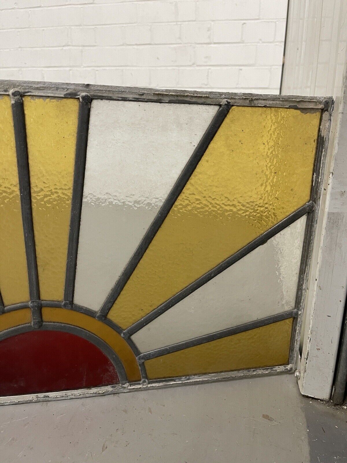 Reclaimed Sunburst Leaded Light Stained Glass Window Panel 630mm x 335mm