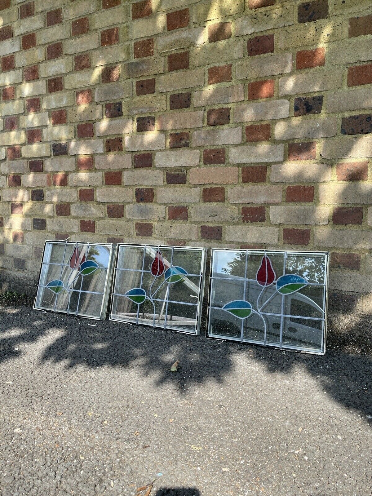 Job Lot Of Three Leaded Light Double Glazed Floral Stained Glass Panels