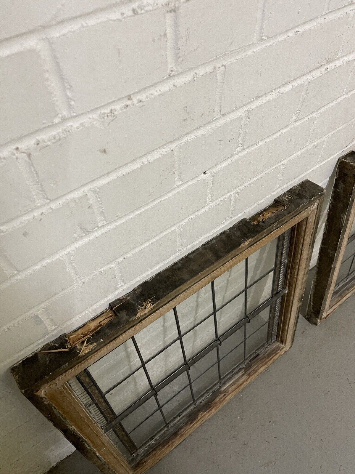 Pair Of Reclaimed Leaded Light Stained Glass Wooden Window Panels