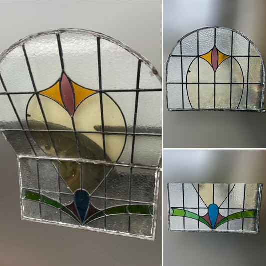 Reclaimed Leaded Light Arch Stained Glass Art Nouveau Wooden Window Panel