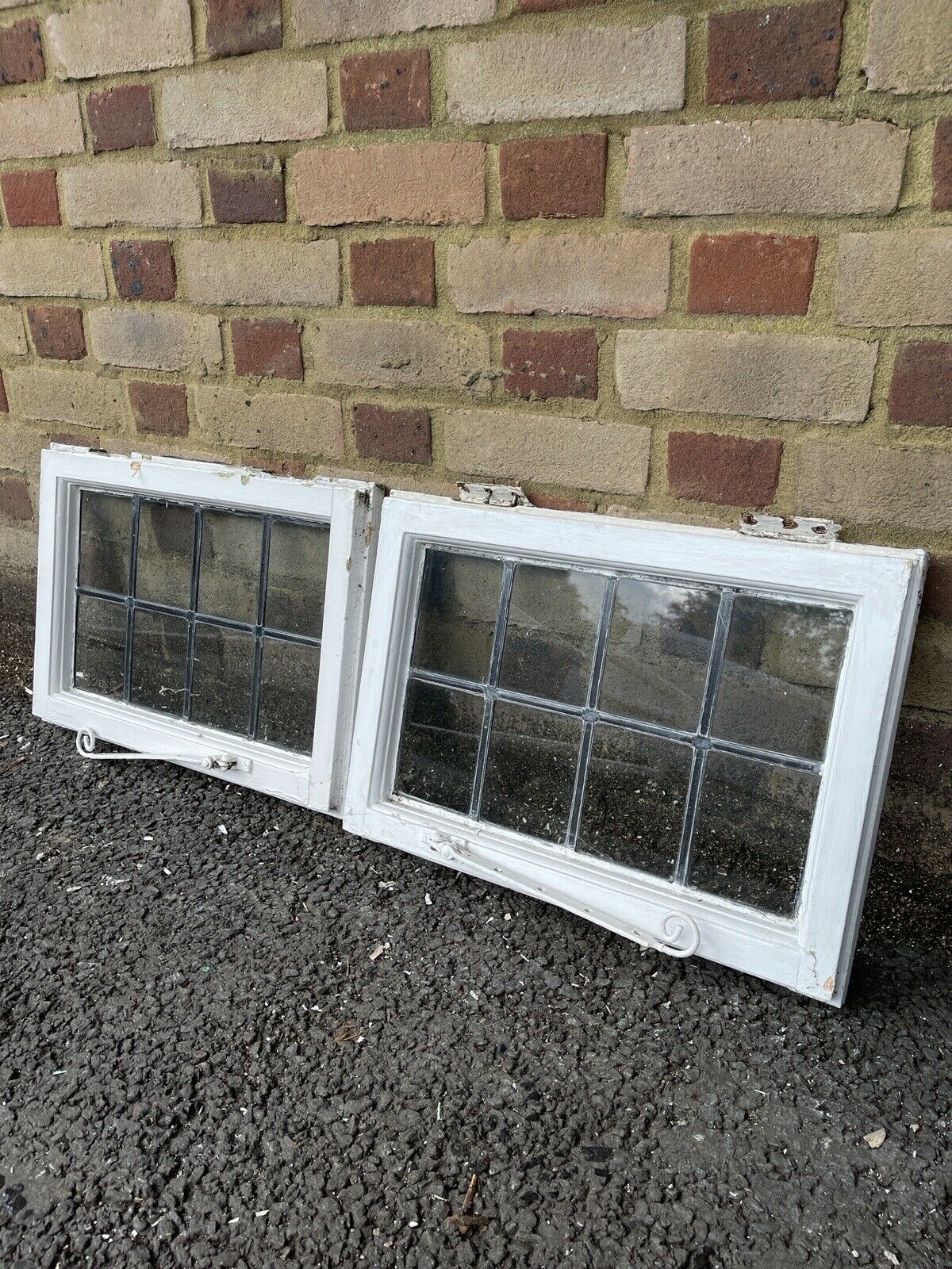 Pair Of Reclaimed Leaded Light Panel Wooden Windows