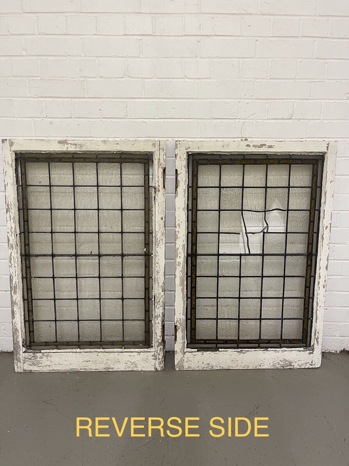 Pair Of Reclaimed Leaded Light Stained Glass Wooden Window Panels