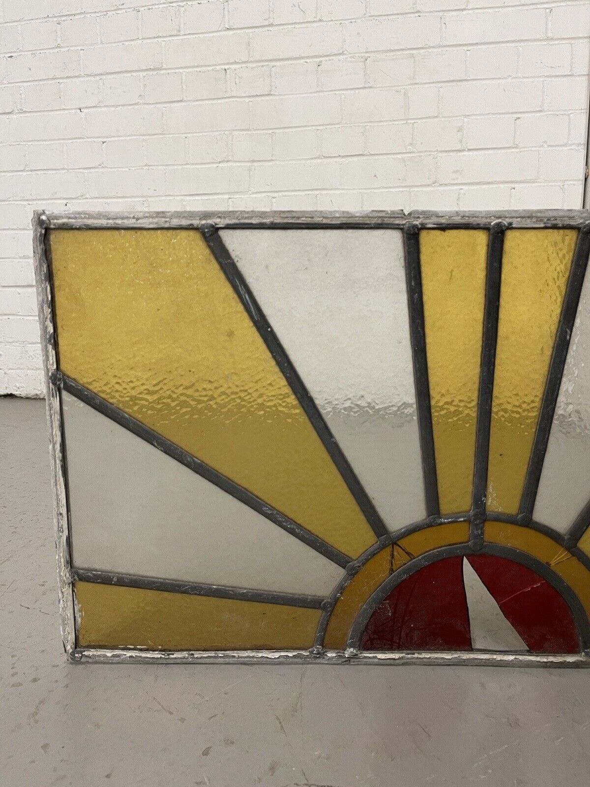 Reclaimed Sunburst Leaded Light Stained Glass Window Panel 630mm x 335mm