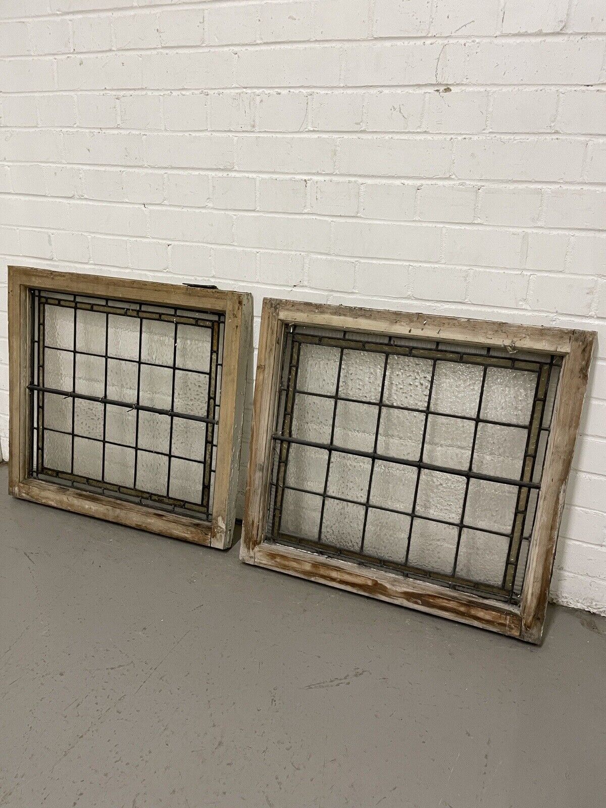 Pair Of Reclaimed Leaded Light Stained Glass Wooden Window Panels