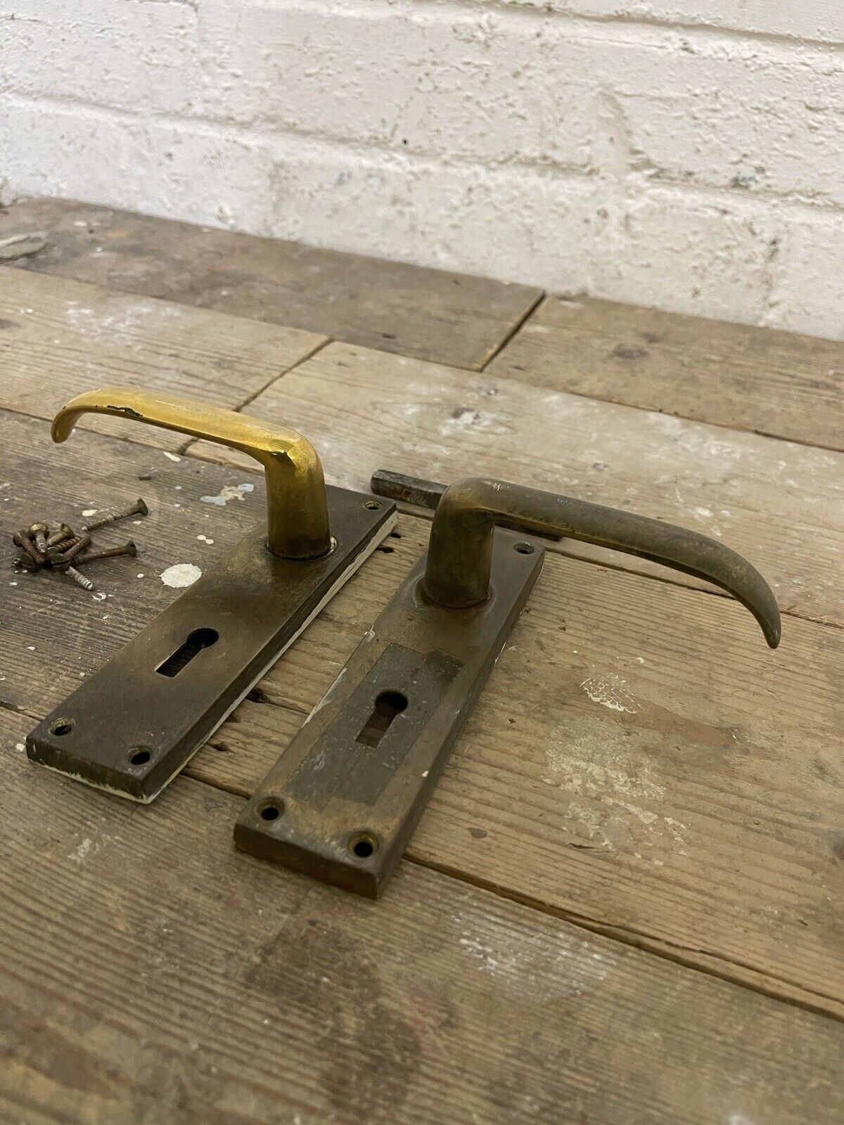 Pair Of Reclaimed Antique Old Brass Door Handles
