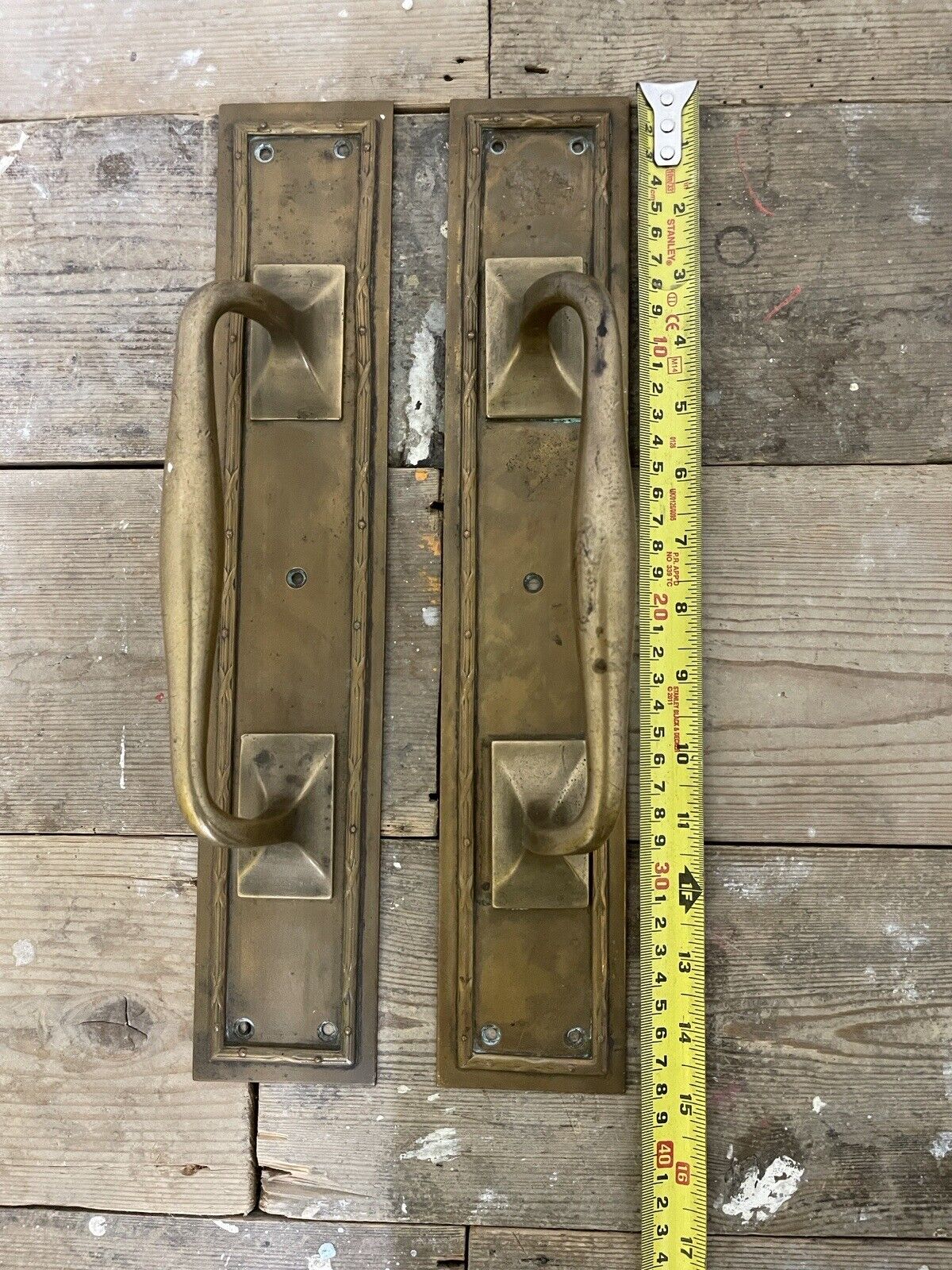 Pair Of Large Reclaimed Antique Brass Door Handles 15 inches or 380mm