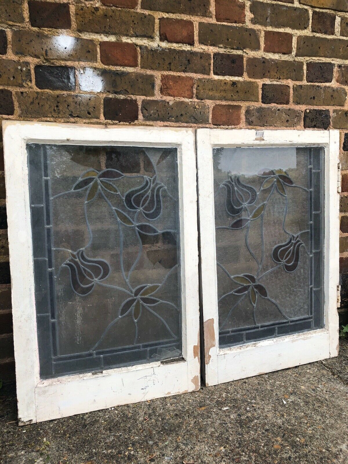 Pair Of Reclaimed Leaded Light Stained Glass Wooden Window Panels RESTORATION