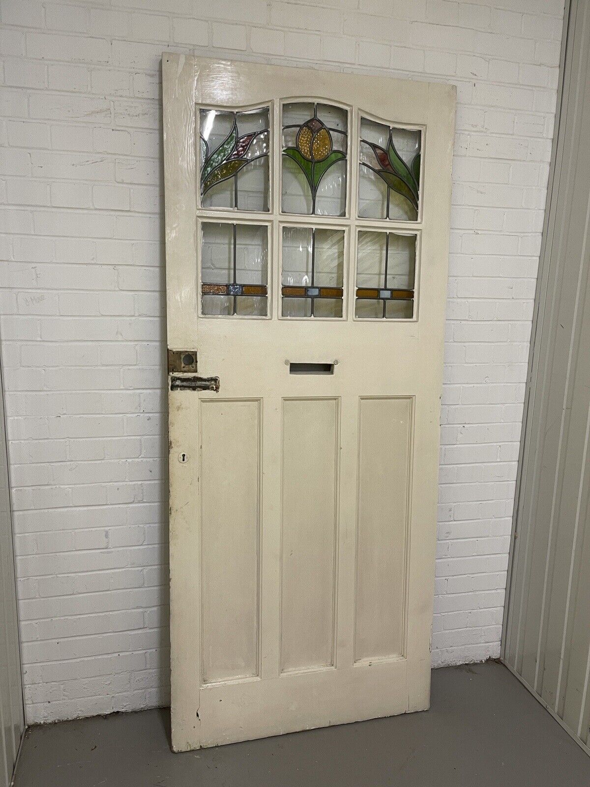 Reclaimed Old Edwardian Wooden Panel Front Door Stained Glass 2123mm x 910mm