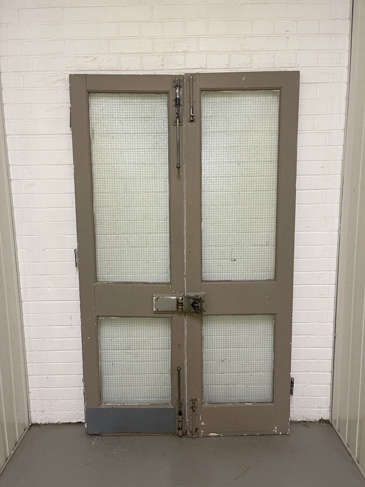 Reclaimed Industrial French Safety Glass Wooden Double Doors 1970 x 1165