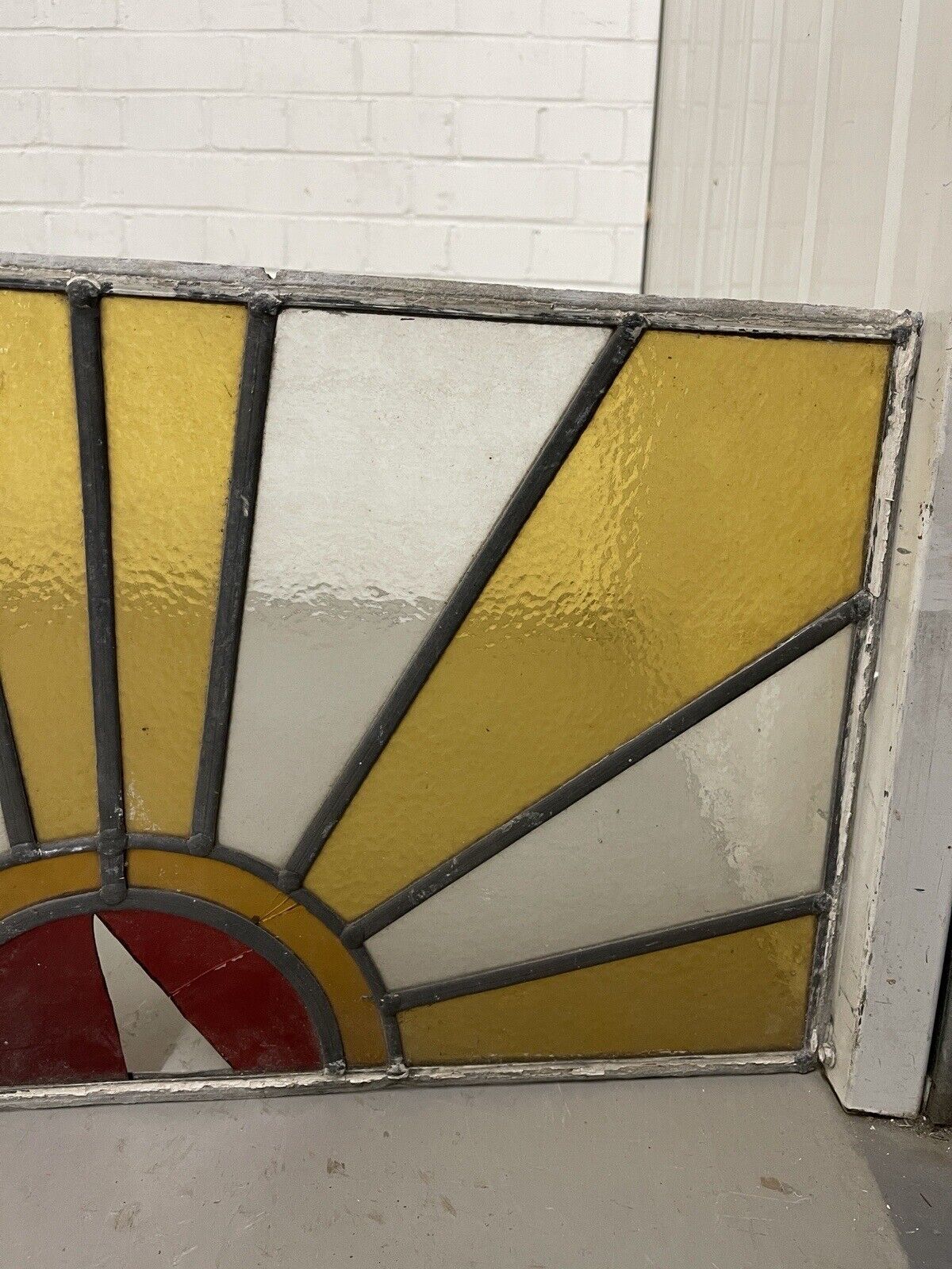 Reclaimed Sunburst Leaded Light Stained Glass Window Panel 630mm x 335mm