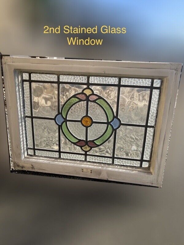 Pair Of Reclaimed Leaded Light Stained Glass Art Nouveau Wooden Window Panels
