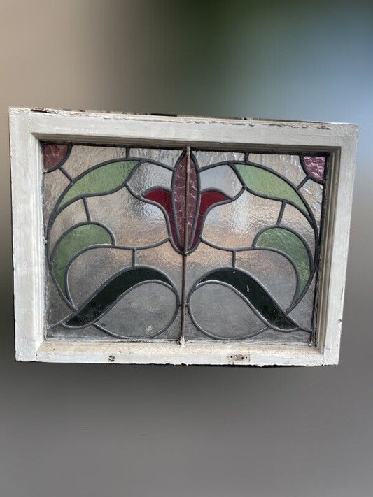 Reclaimed Leaded Light Stained Glass Art Nouveau Wooden Window Panel