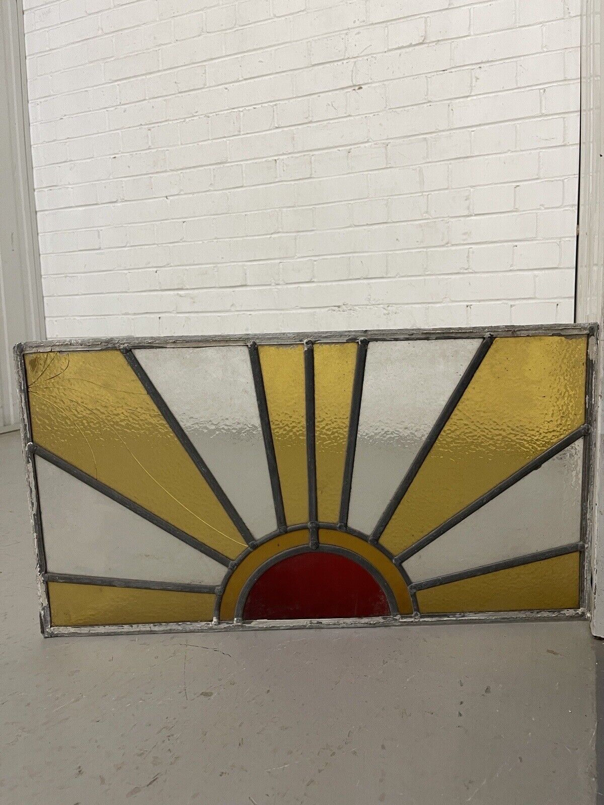 Reclaimed Sunburst Leaded Light Stained Glass Window Panel 630mm x 335mm