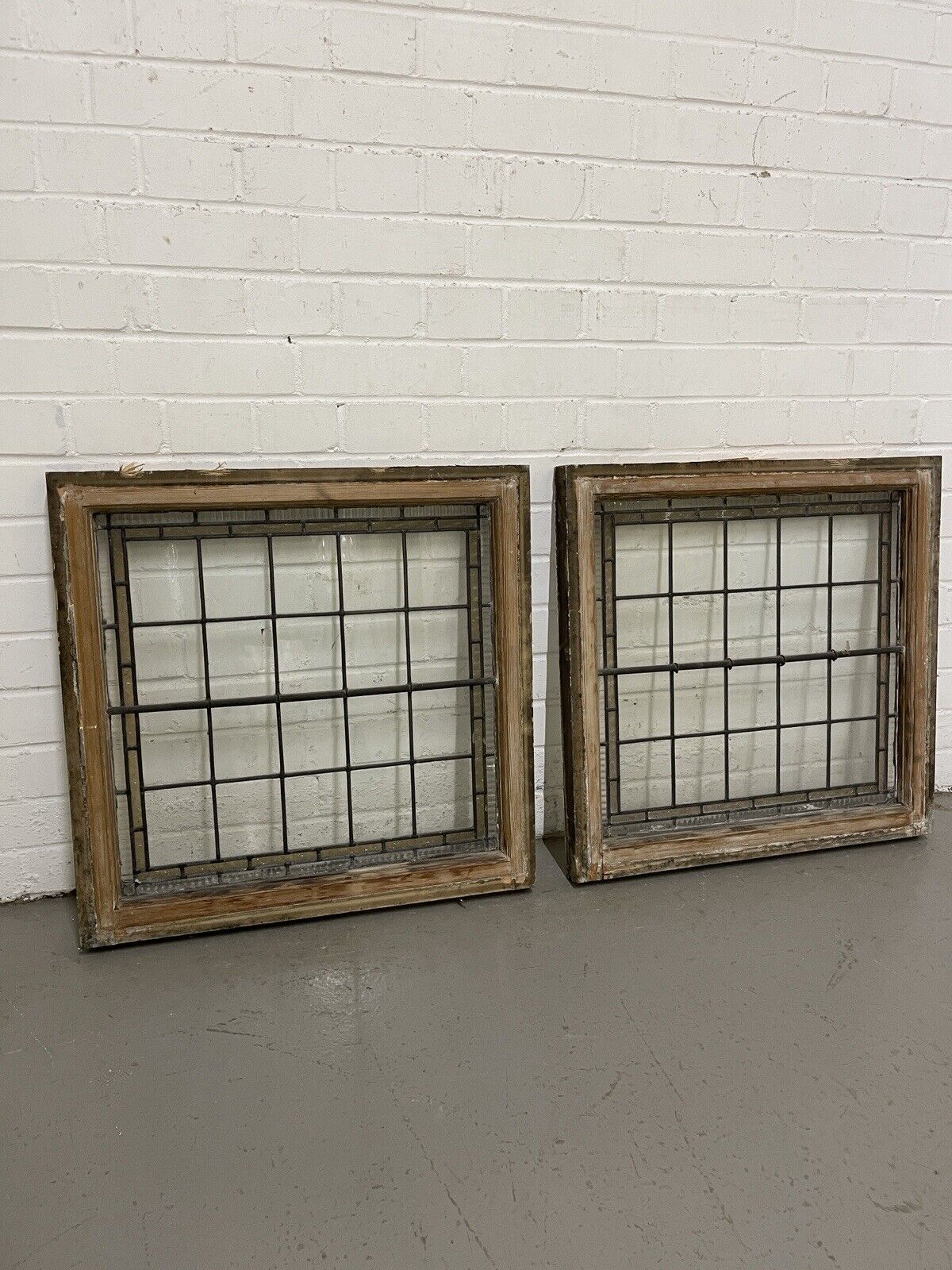 Pair Of Reclaimed Leaded Light Stained Glass Wooden Window Panels