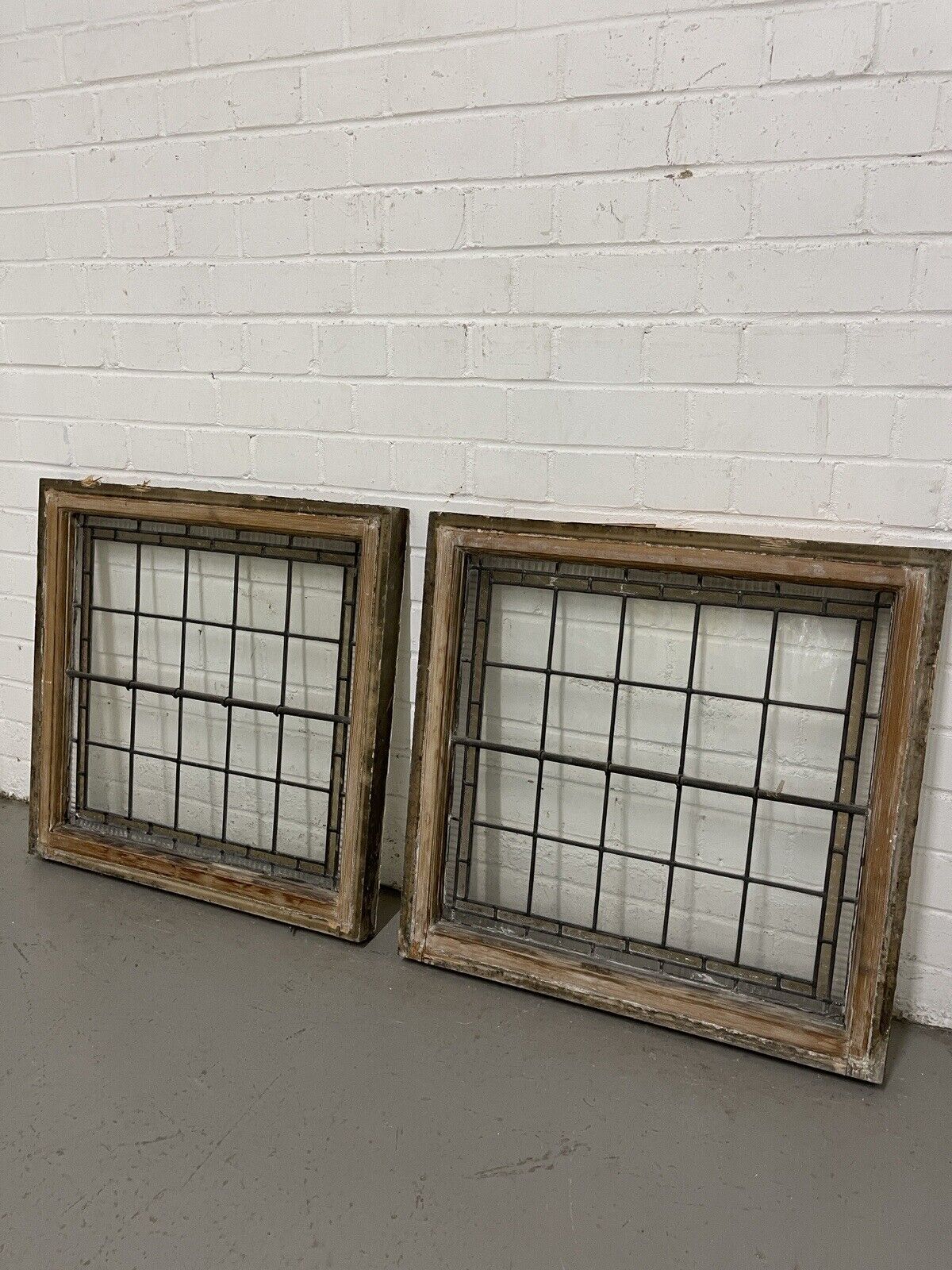 Pair Of Reclaimed Leaded Light Stained Glass Wooden Window Panels