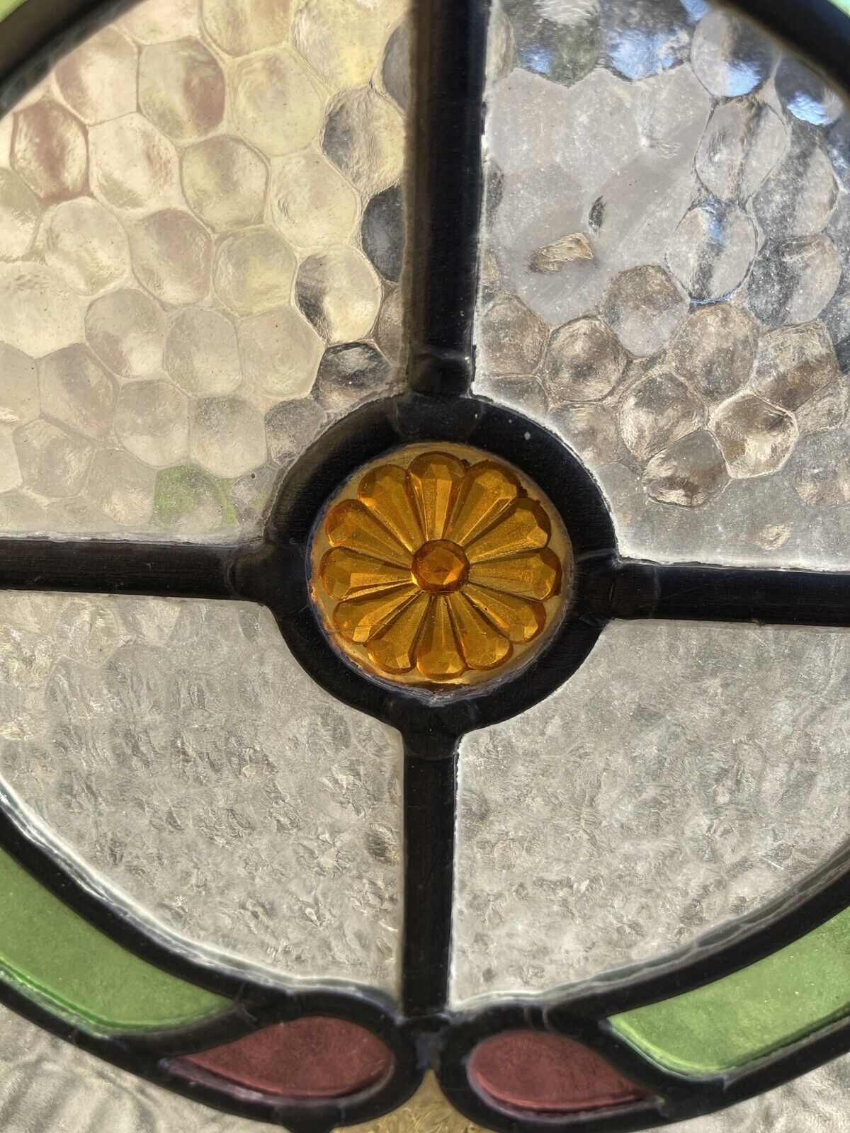 Pair Of Reclaimed Leaded Light Stained Glass Art Nouveau Wooden Window Panels