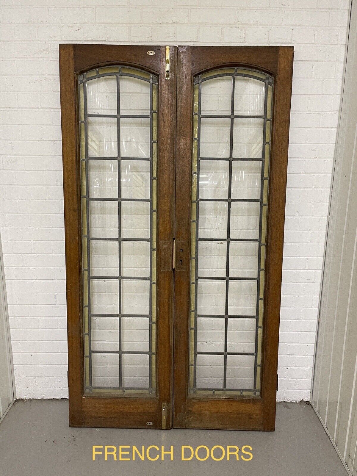 Reclaimed French Leaded Single Panel Glass Wooden Double Doors With Side Panels