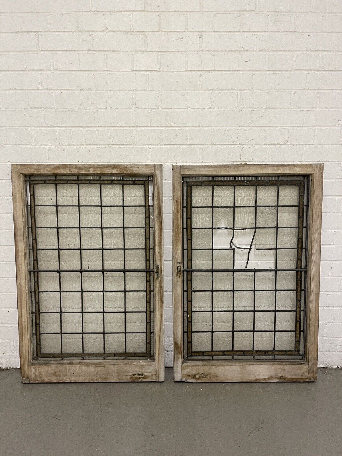 Pair Of Reclaimed Leaded Light Stained Glass Wooden Window Panels